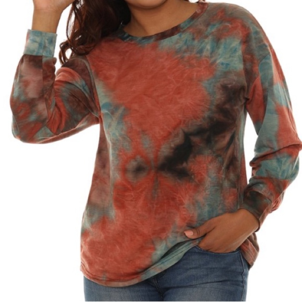 Rust & Turquoise Tie-dye crewneck sweatshirt.